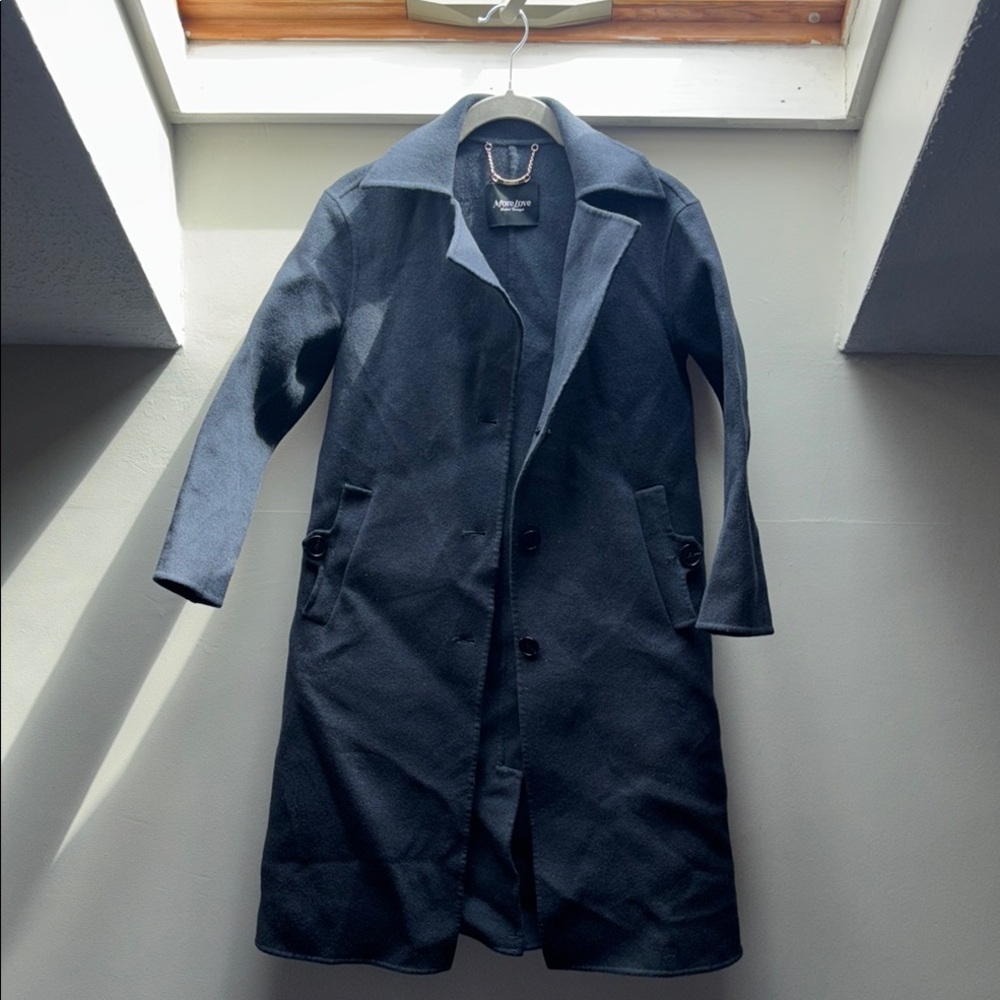 Black Minimalist Pea Coat with Notched Lapel